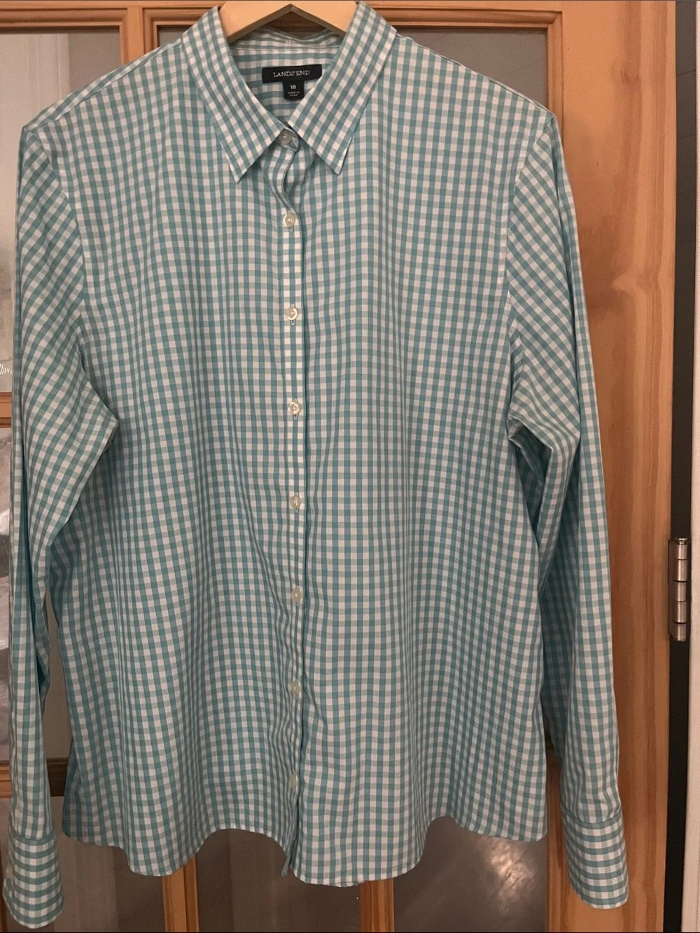 Boys LANDS END turquoise gingham plaid button down sz 18 EUC